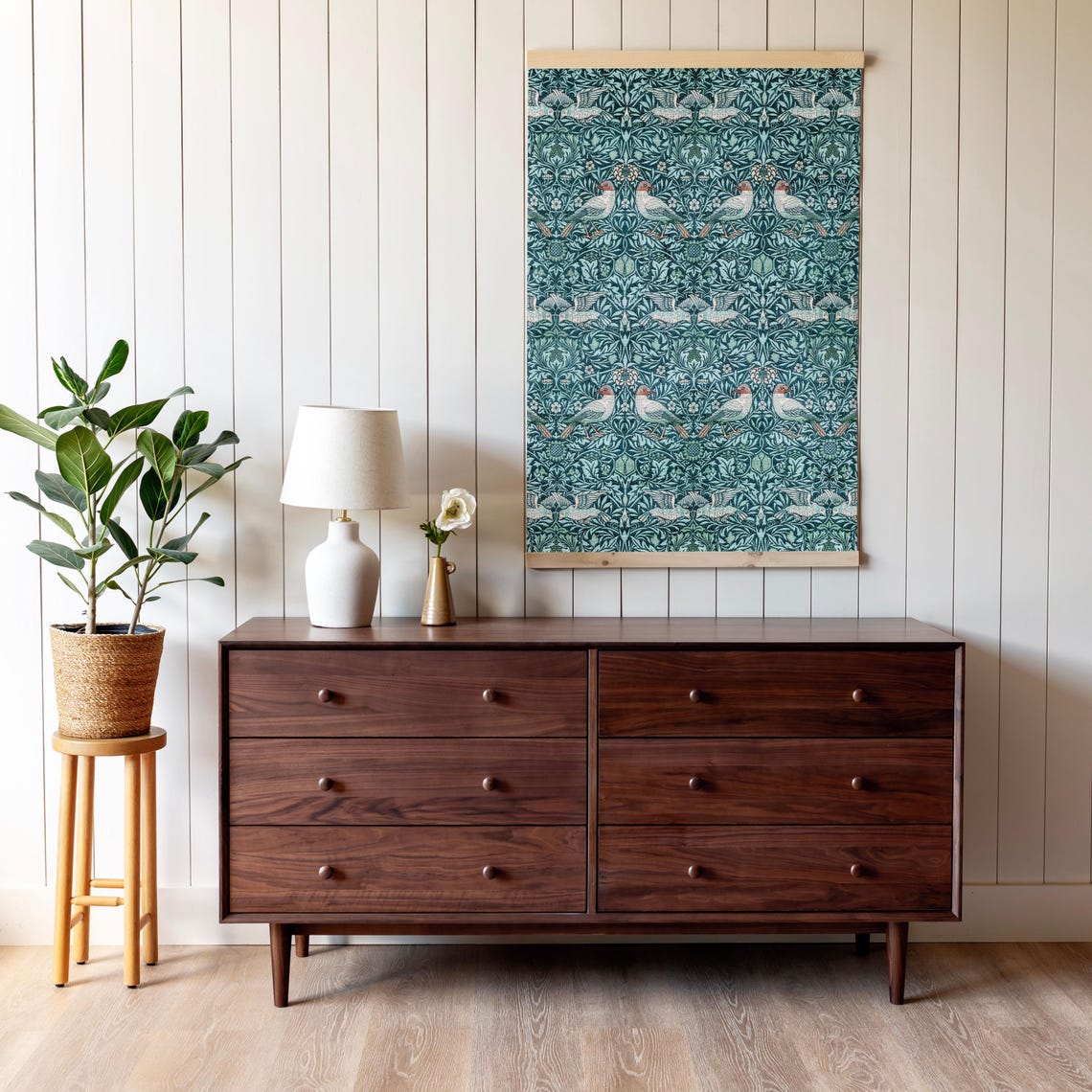 Blue Birds among Foliage William Morris Style Pattern Vertical Poster - Image 3