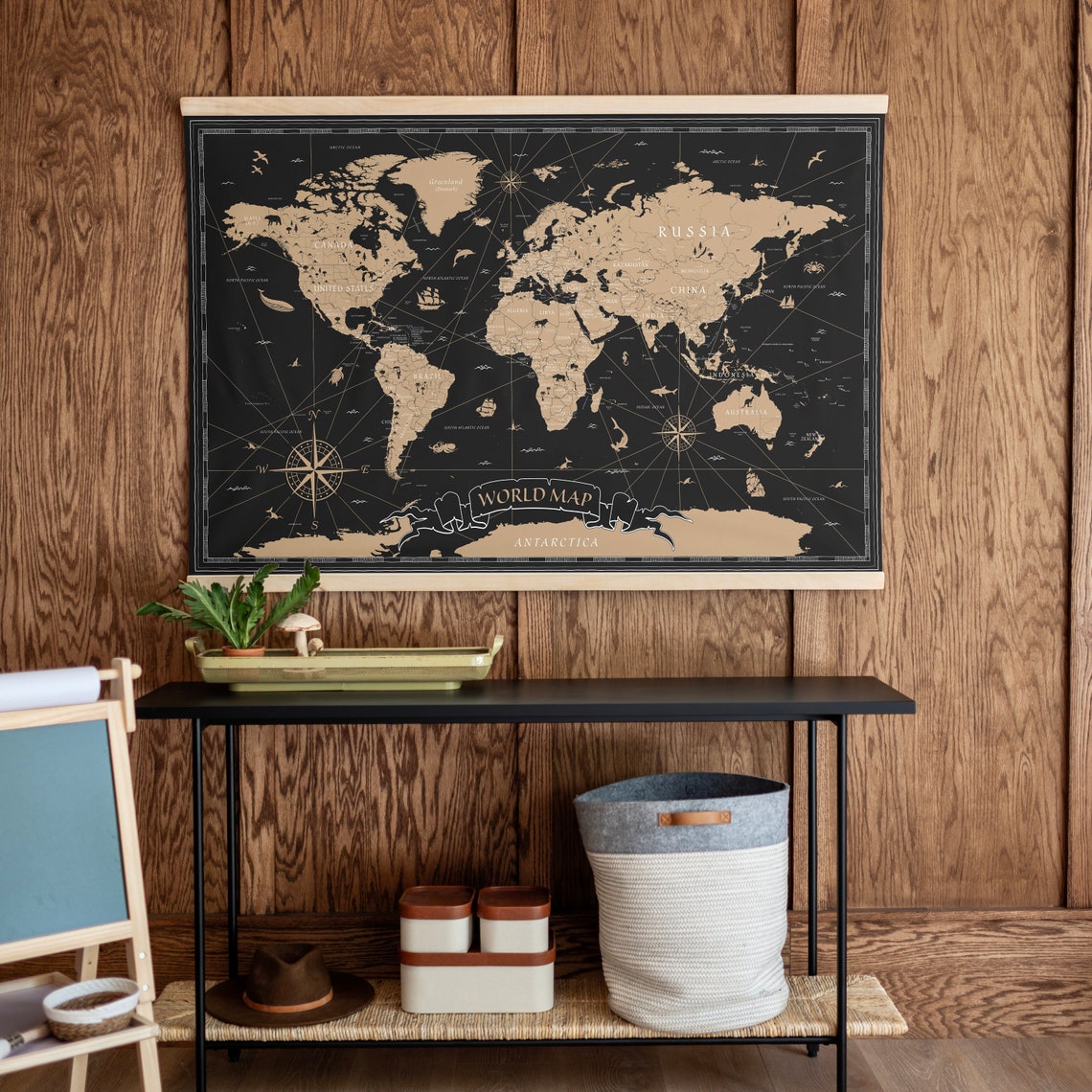 Black and Gold Vintage World Map With Compass Roses and Ships Poster - Image 3