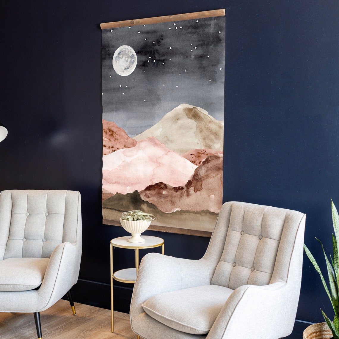 Boho Watercolor Night Mountains With Moon and Stars Kids Room Poster - Image 2