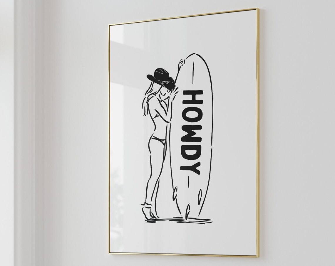 Howdy Cowgirl Surfboard Line Art Western Trendy Minimal Poster