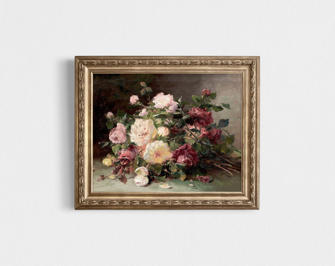 Pink Roses Vintage Flower Still Life Art Print - Image 3