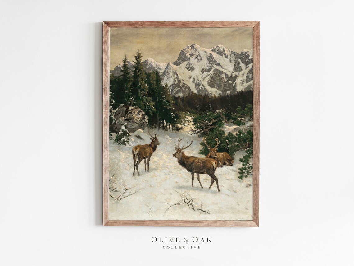 Deer Painting, Winter Snowy Mountain Art Print