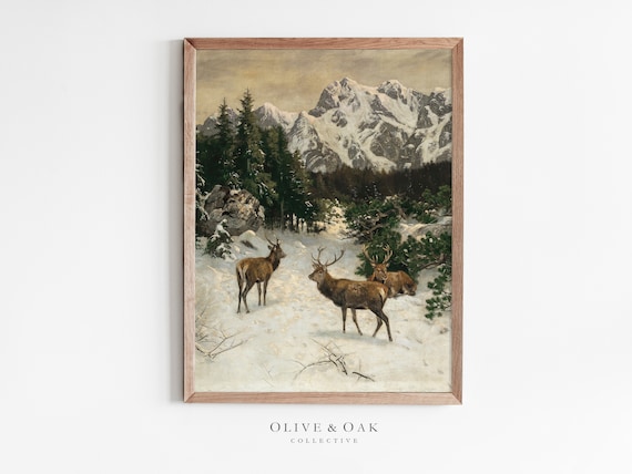 Deer Painting, Winter Snowy Mountain Art Print