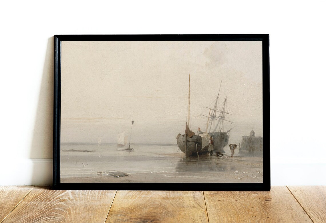 Vintage Neutral Seascape Painting, Nautical Coastal Art Print - Image 2