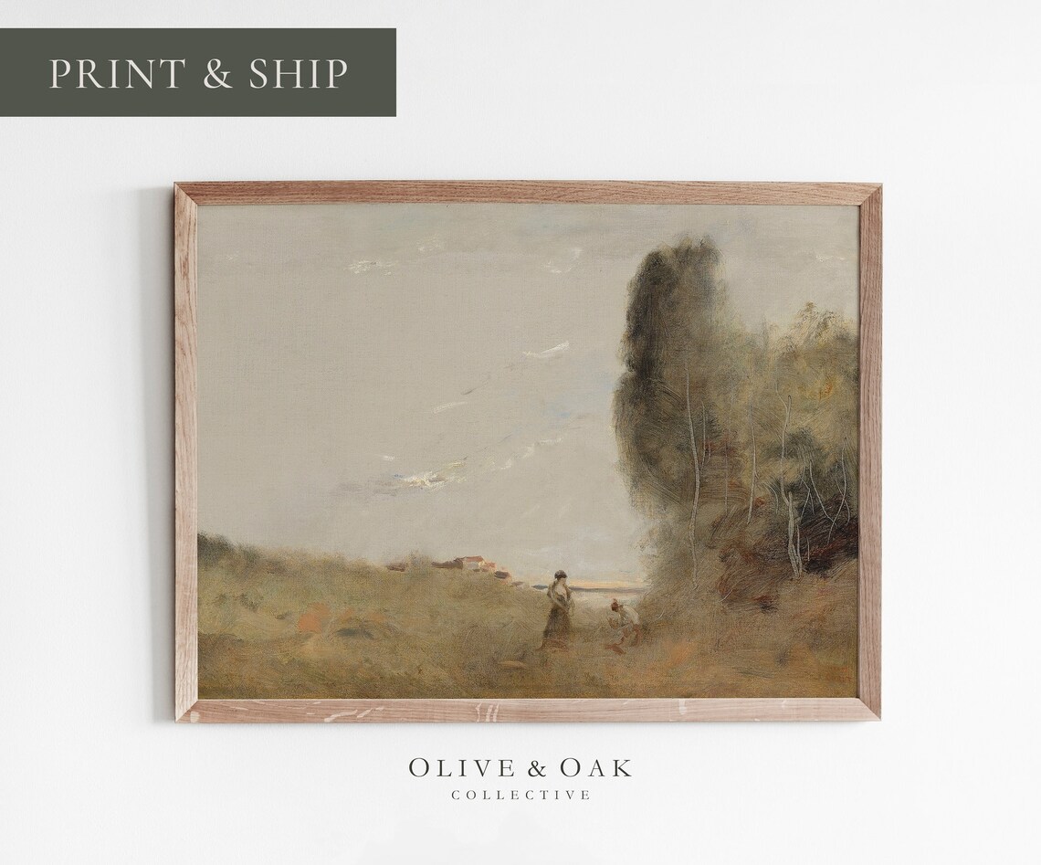 Neutral Landscape Painting, Muted Autumn Country Decor