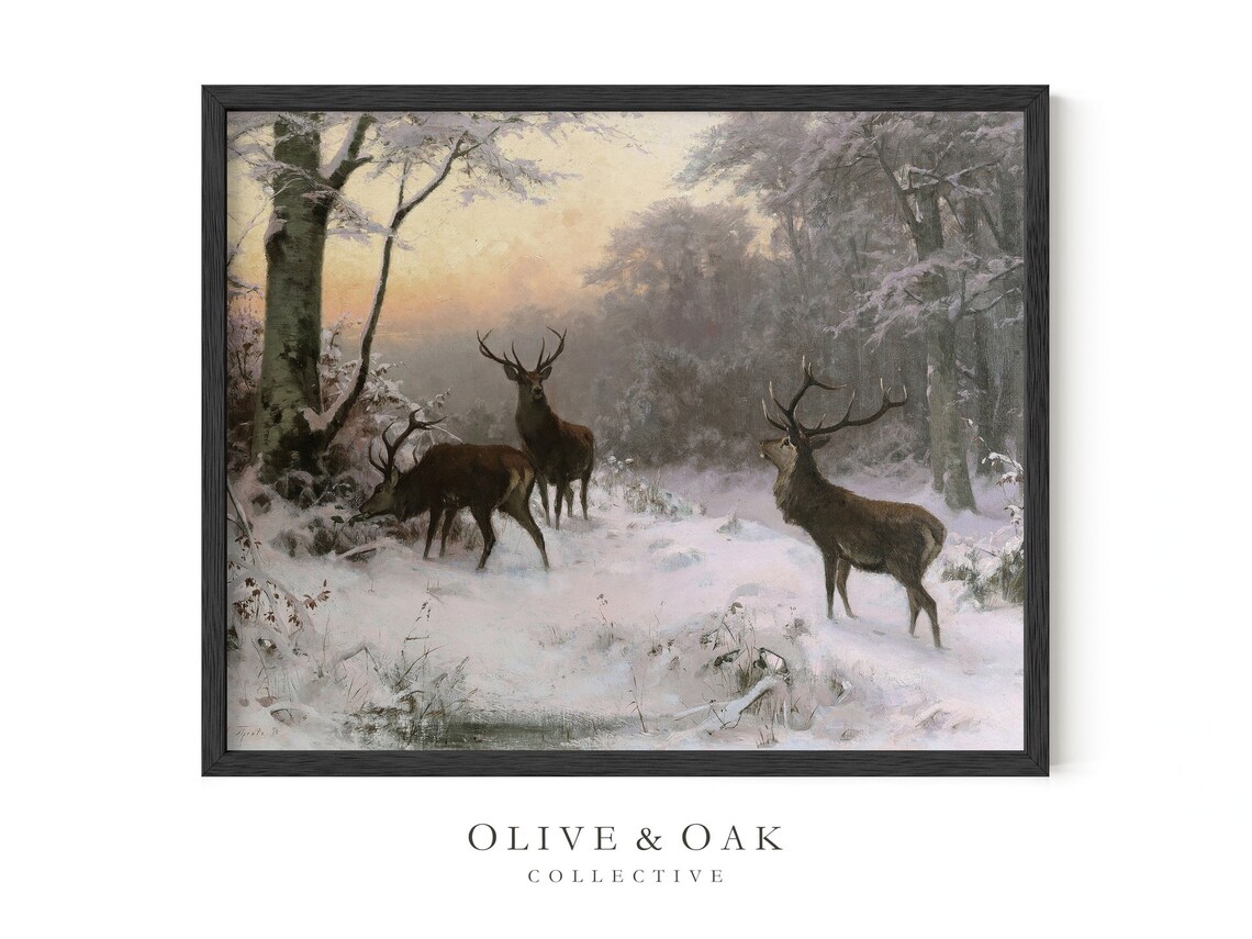 Deer Landscape Painting, Winter Snow Cabin Decor - Image 3