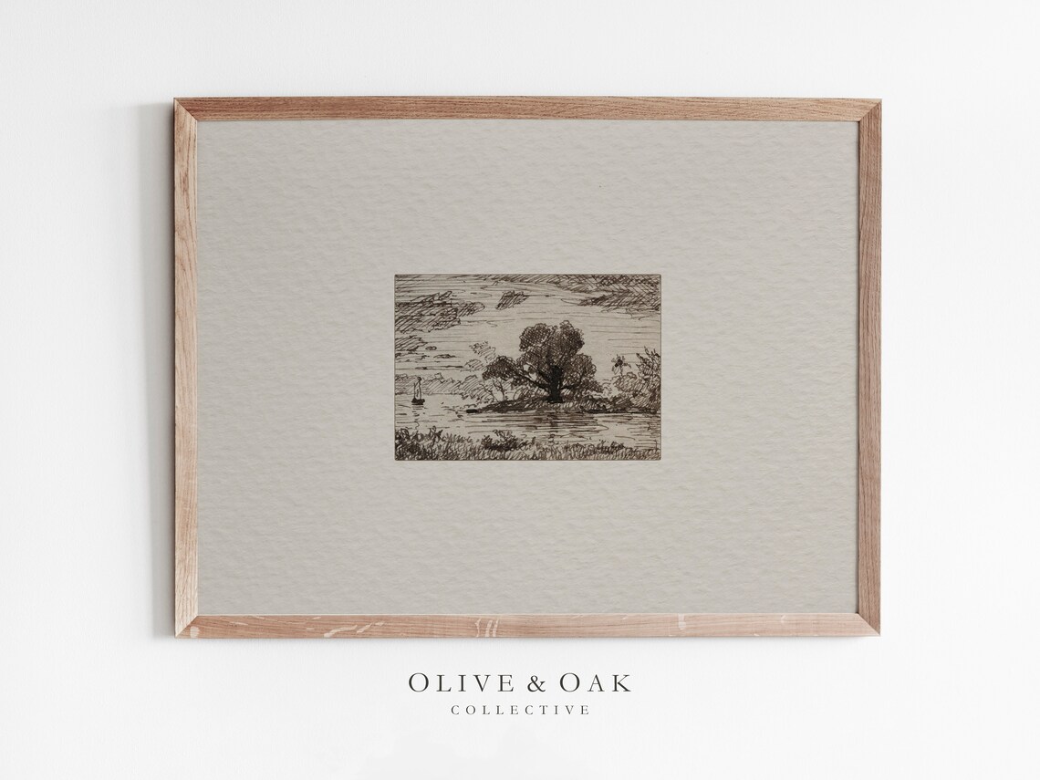 Vintage Landscape Sketch Art Print, Rustic Decor
