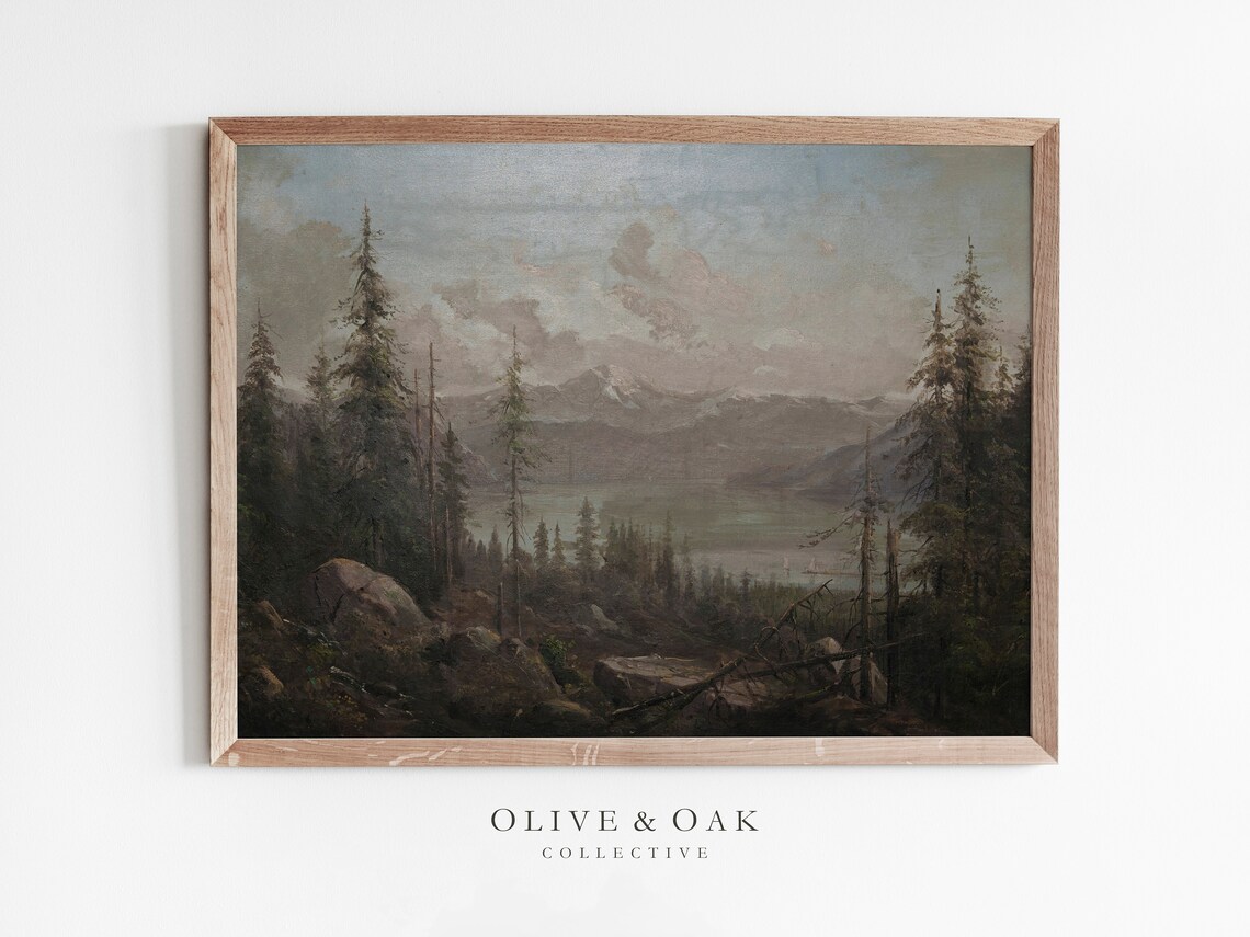 Vintage Lake Landscape Art Print, Rustic Mountain