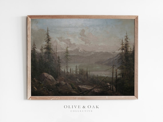 Vintage Lake Landscape Art Print, Rustic Mountain