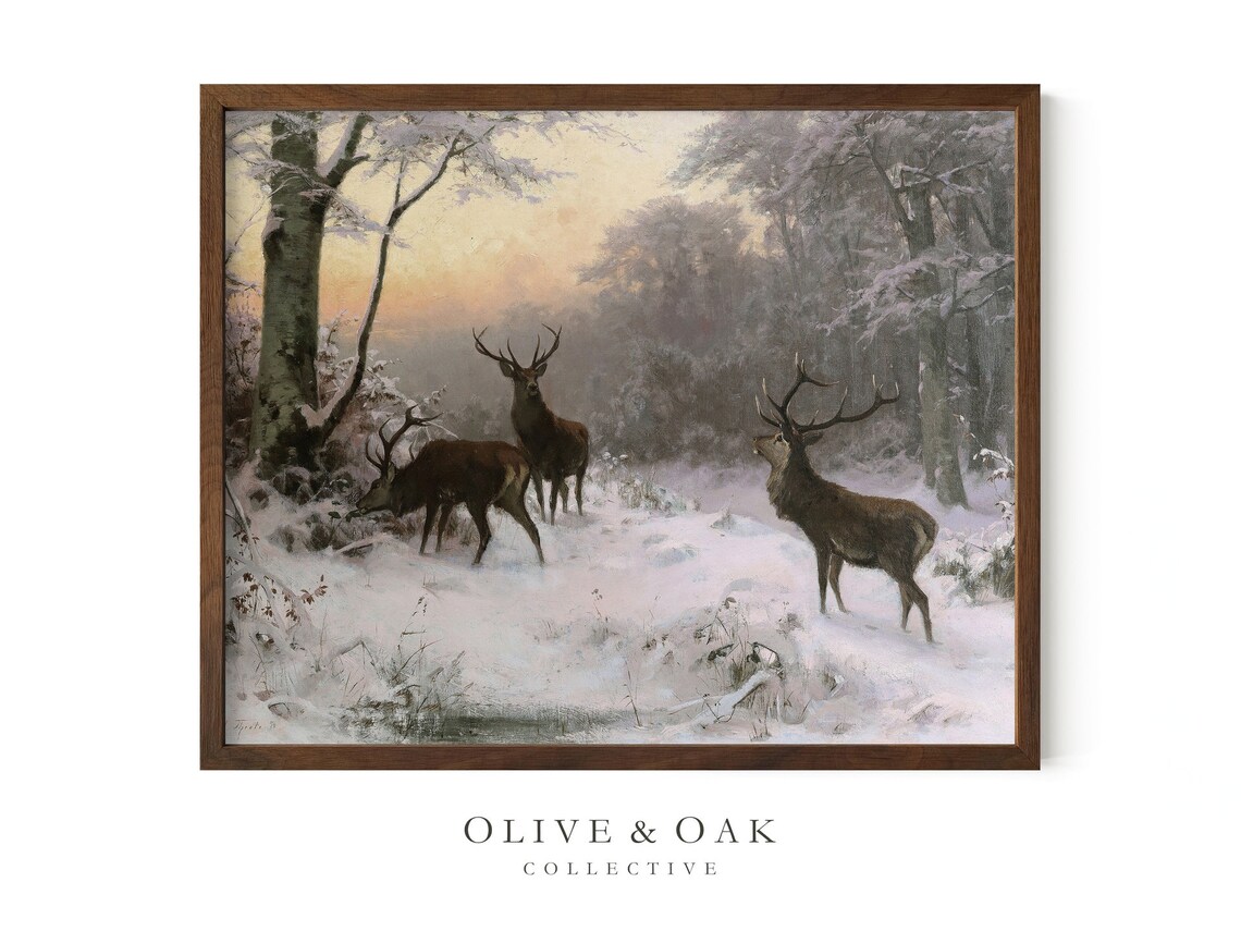 Deer Landscape Painting, Winter Snow Cabin Decor - Image 2