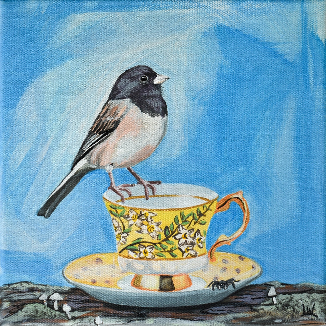 Dark Eyed Junco Perched on Floral Teacup Blue Bird Art Poster