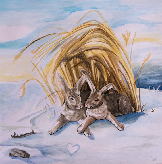 Two Bunnies Snuggling in Snow Winter Love Watercolor Art Poster