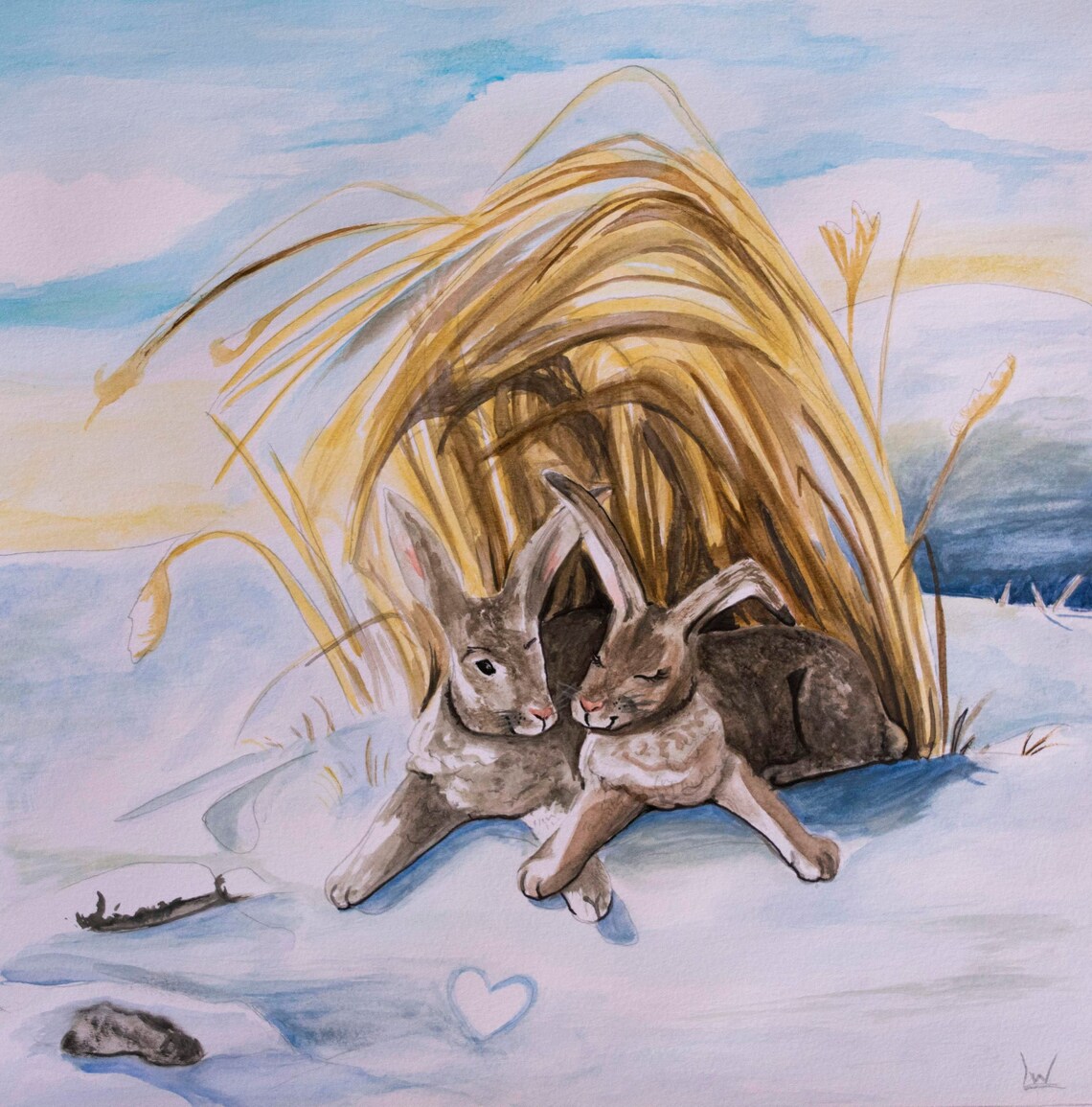 Two Bunnies Snuggling in Snow Winter Love Watercolor Art Poster