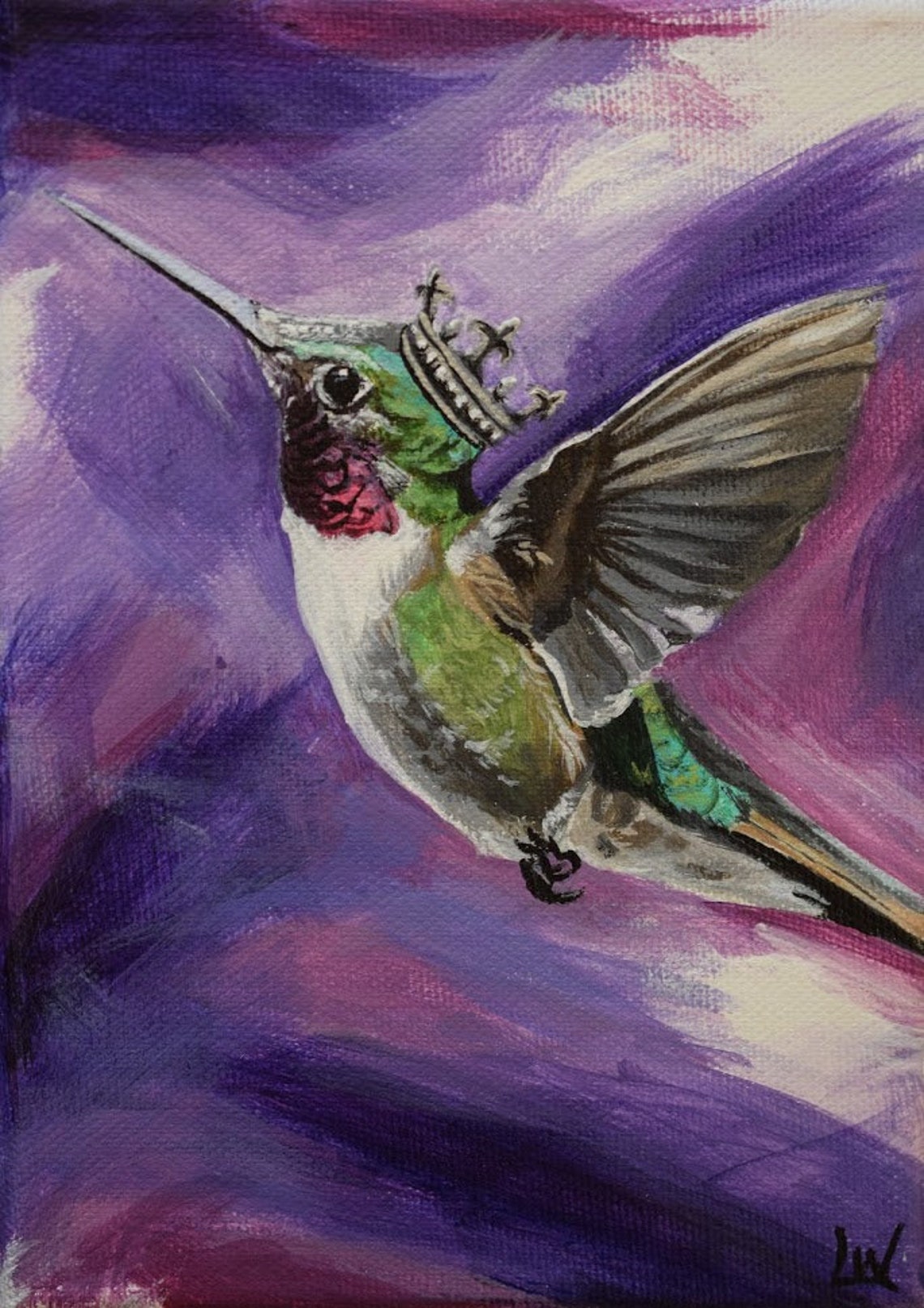 Crowned Hummingbird in Flight Purple Whimsical Bird Art Poster