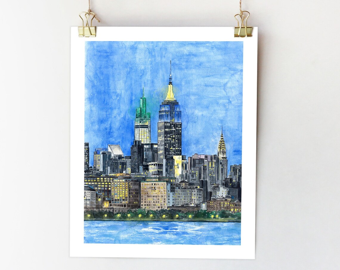 New York City Night Watercolor Print, NYC Skyline