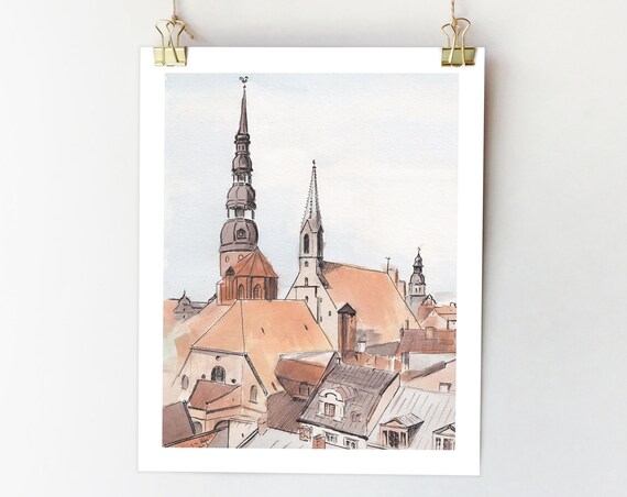Riga Latvia St Peters Church Watercolor Sketch Art Print