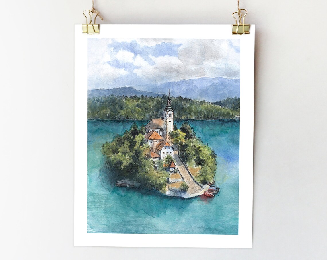 Lake Bled Slovenia Watercolor Travel Poster Print