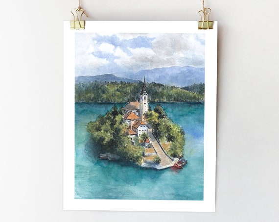 Lake Bled Slovenia Watercolor Travel Poster Print