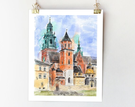 Krakow Poland Wawel Cathedral Watercolor Architecture Sketch Print
