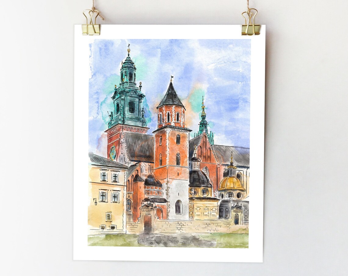 Krakow Poland Wawel Cathedral Watercolor Architecture Sketch Print