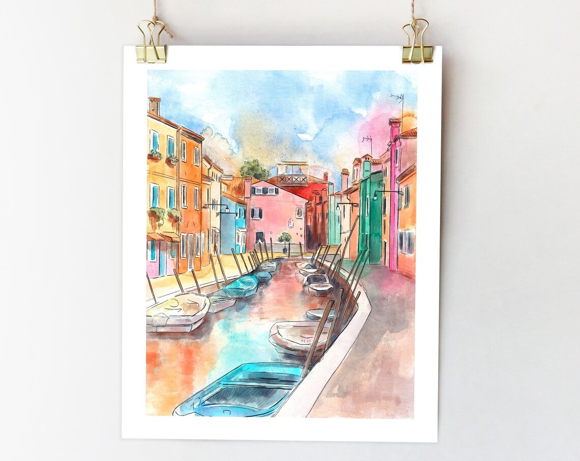 Burano Italy Watercolor Art Print, Venice Houses