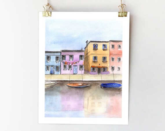 Burano Italy Colorful Waterfront Houses Canal Watercolor Print