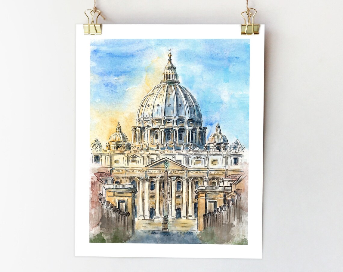 Vatican City St Peters Basilica Rome Watercolor Travel Poster