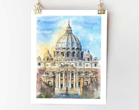 Vatican City St Peters Basilica Rome Watercolor Travel Poster