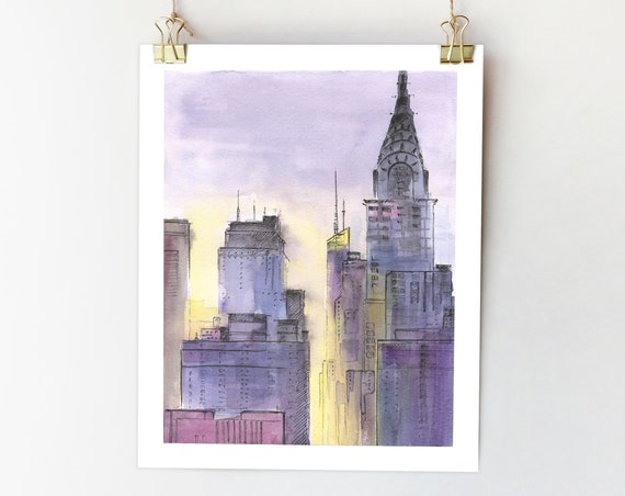 New York City Skyline Watercolor Art Print, NYC Sunset