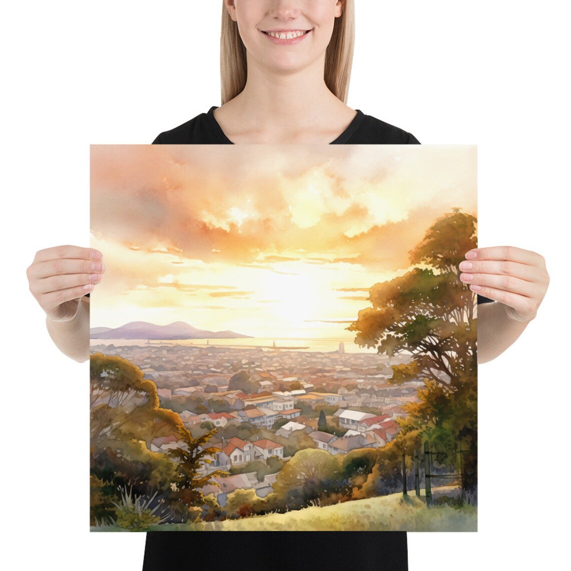 Hilltop Sunset View Overlooking a Sleepy Town Watercolor Poster - Image 5