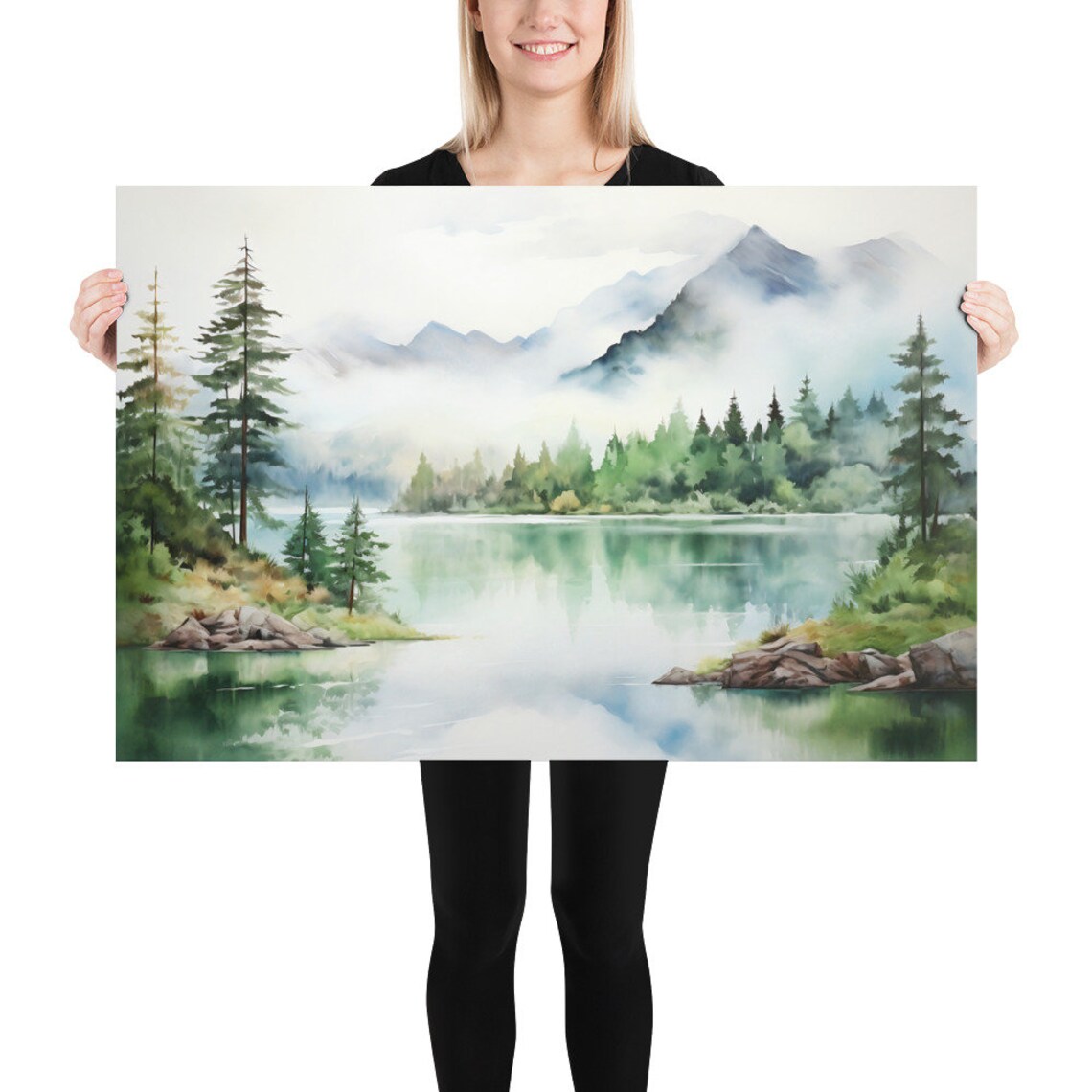 Mountain Lake Watercolor Landscape, Pine Forest Print - Image 4