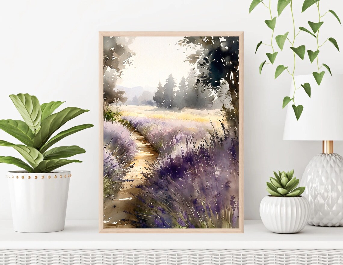 Lavender Path Sunrise Countryside Watercolor Nature Art Poster - Image 2