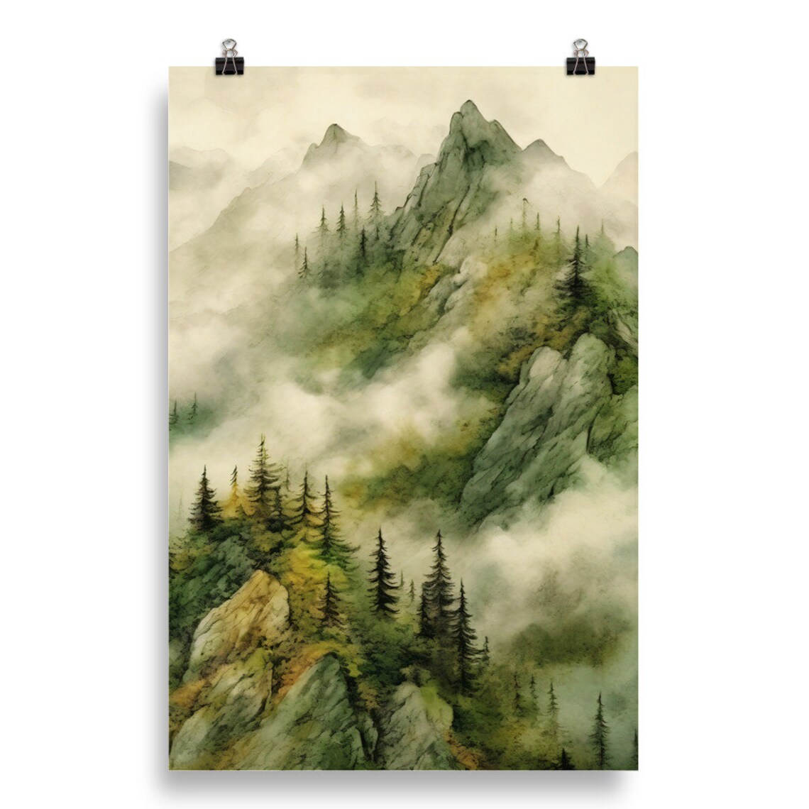 Pine Tree Mountain Forest Watercolor Landscape Art Print - Image 5