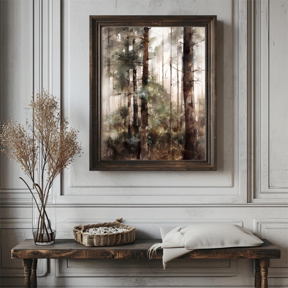 Tall Misty Pine Trees Soft Light Atmospheric Watercolor Forest Poster - Image 2