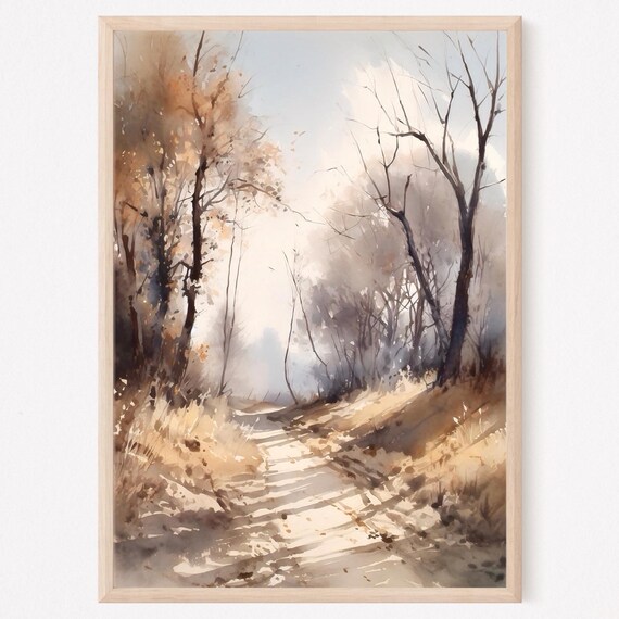 Sunlit Autumn Country Road Through Golden Trees Watercolor Nature Poster