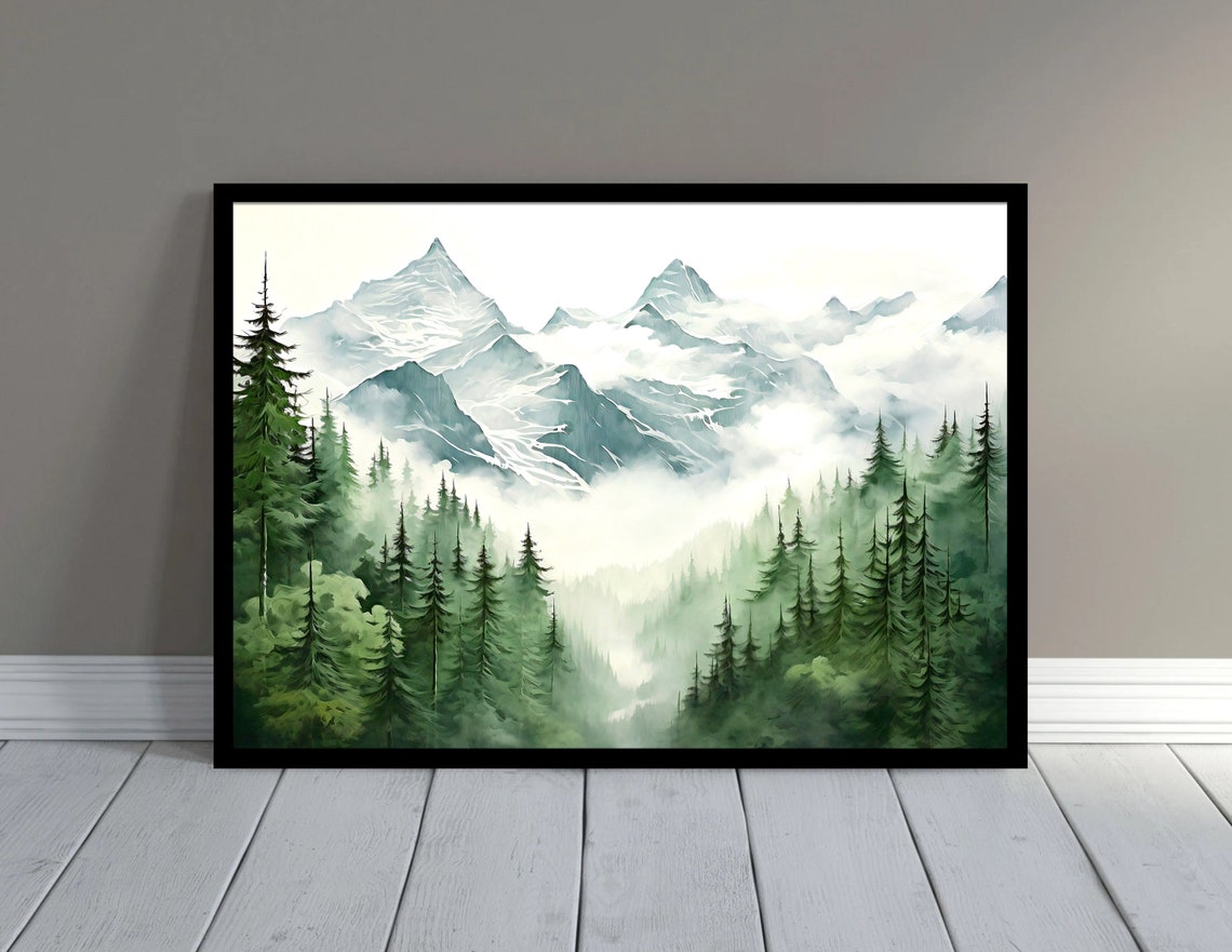 Misty Mountain Forest Foggy Pine Trees Watercolor Nature Poster - Image 4