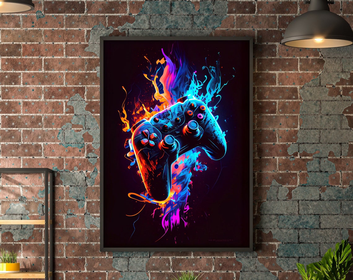 Exploding Game Controller Neon Flames Vibrant Gaming Room Poster - Image 3