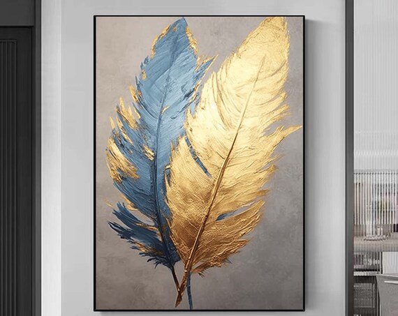 Gold and Blue Feathers on Gray Modern Elegant Painting Poster