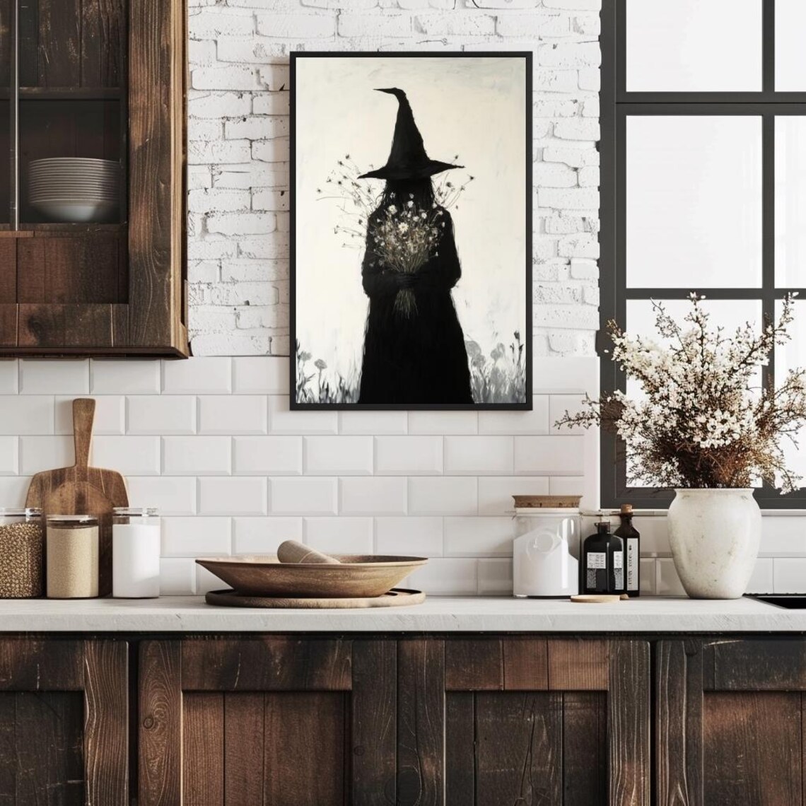 Gothic Witch Holding Wildflowers Dark Academia Silhouette Poster - Image 4