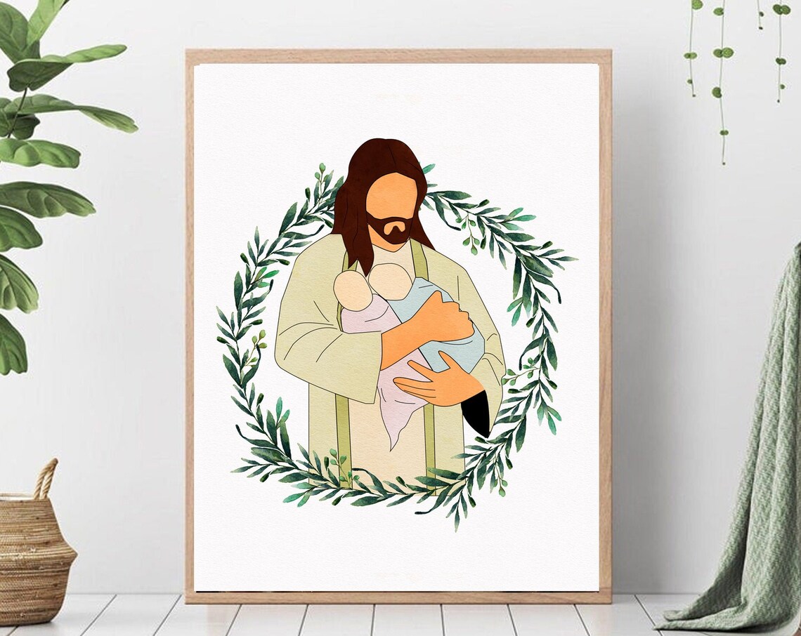 Christ Holding Twin Babies, Infant Loss Watercolor Art Print