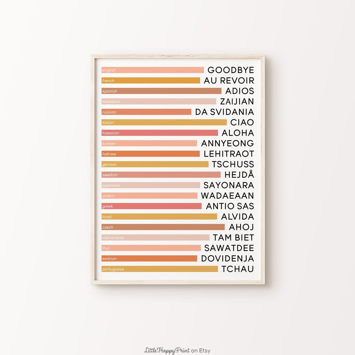 Goodbye in Twenty Languages Warm Tones Travel Decor Chart Wall Art