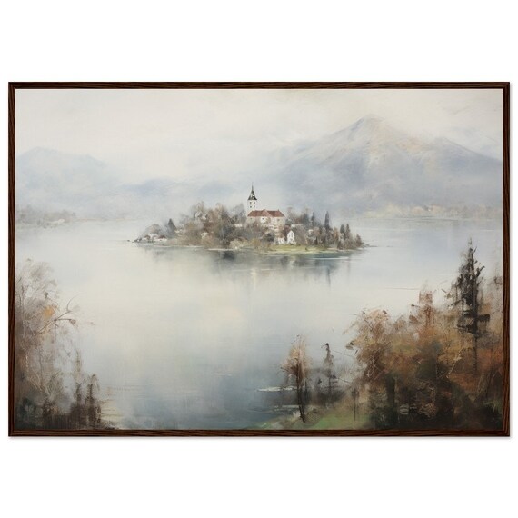 Lake Bled Slovenia Misty Island Church Soft Impressionist Oil Wall Art