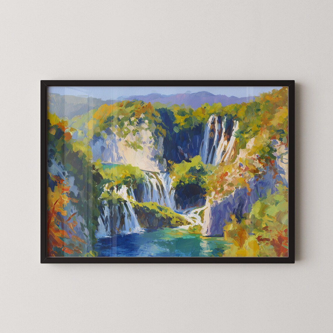 Plitvice Lakes Croatia Autumn Waterfall Impressionist Oil Painting Wall Art