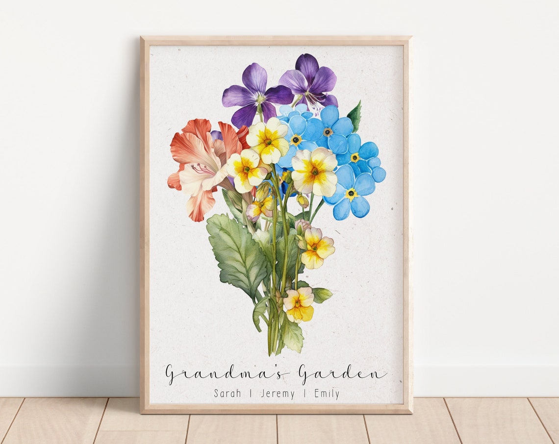 Grandmas Garden Birth Month Flower Bouquet Personalized Gift Poster