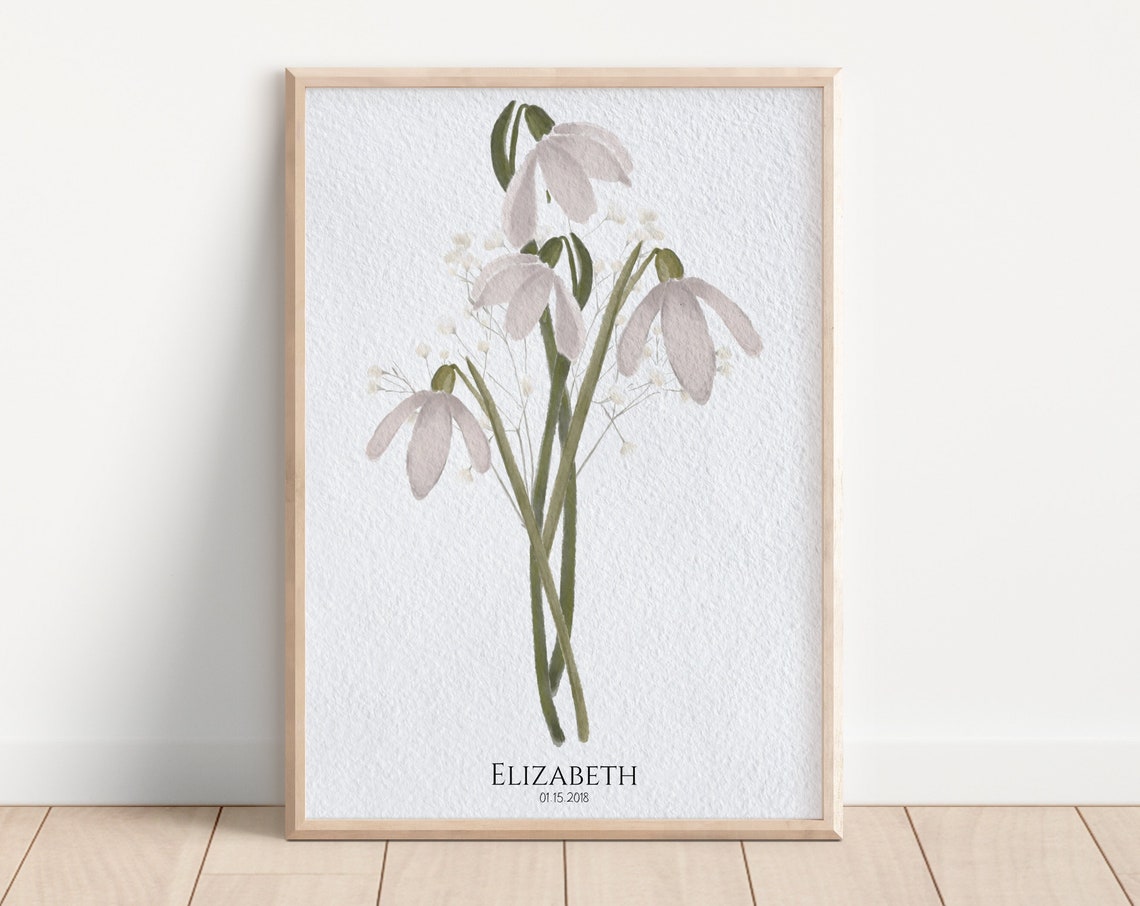 Snowdrop Birth Flower Personalized Name Date January Baby Art Poster