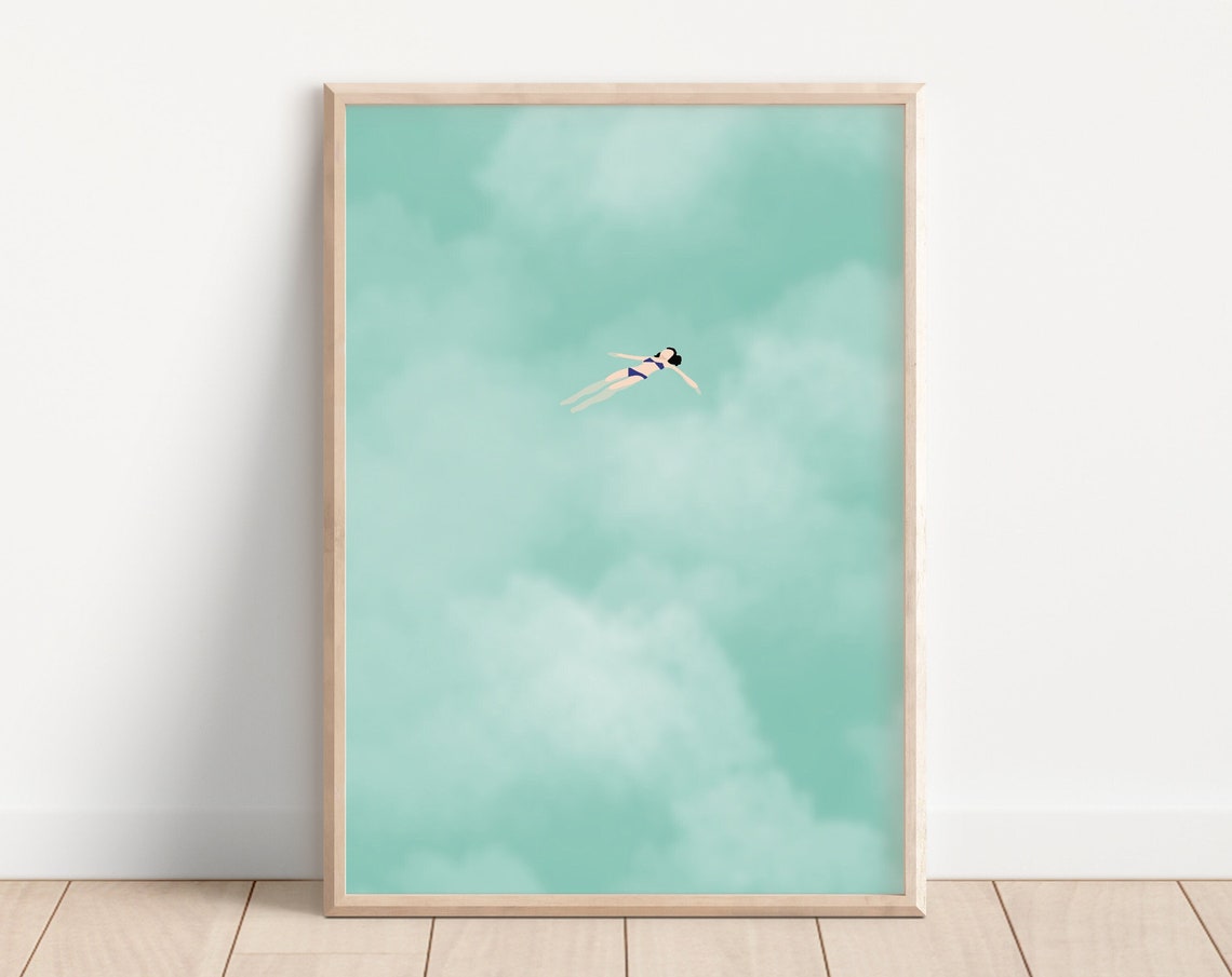 Woman Floating Turquoise Water Dreamy Clouds Minimalist Art Poster