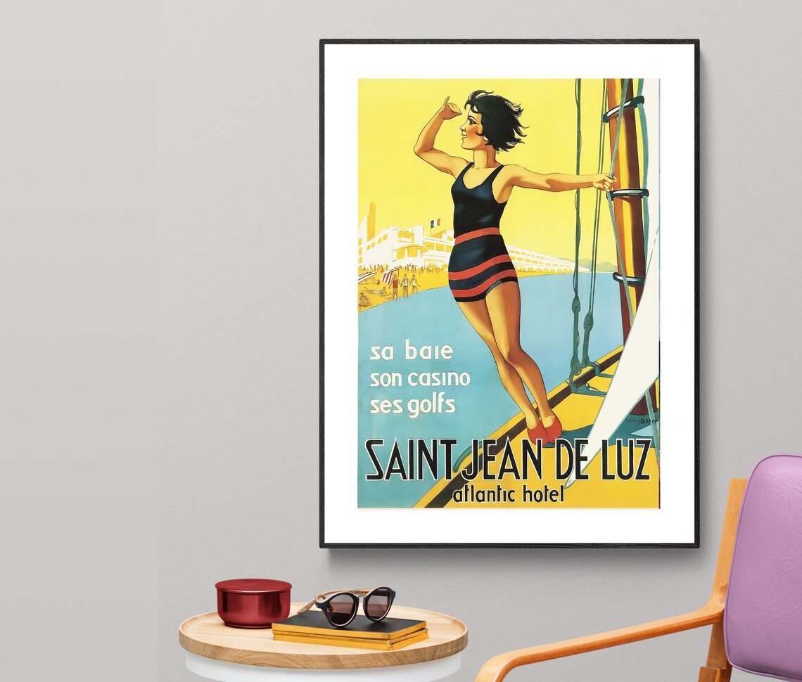 Saint Jean de Luz Atlantic Hotel Vintage French Beach Poster Sailor Girl