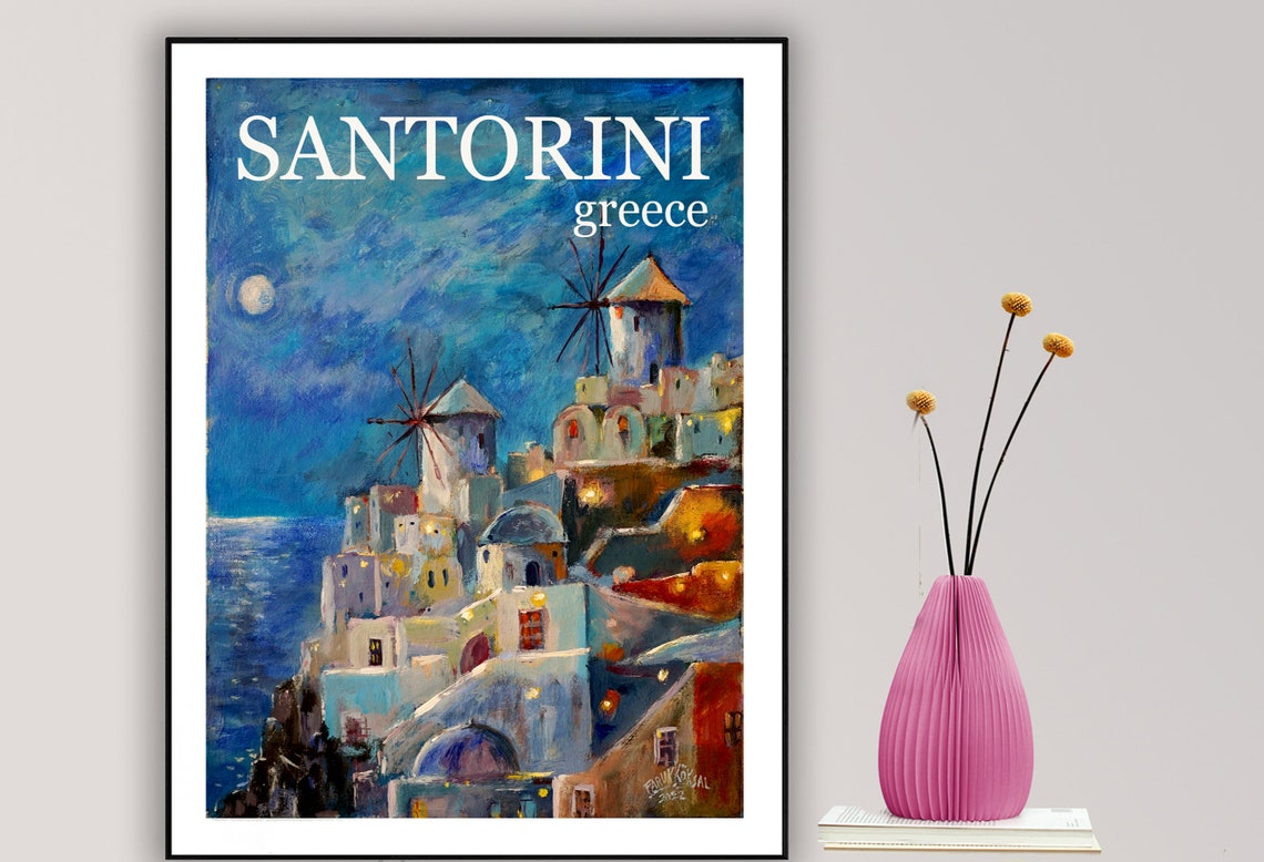 Santorini Greece Windmills Night Oil Painting Vintage Travel Poster