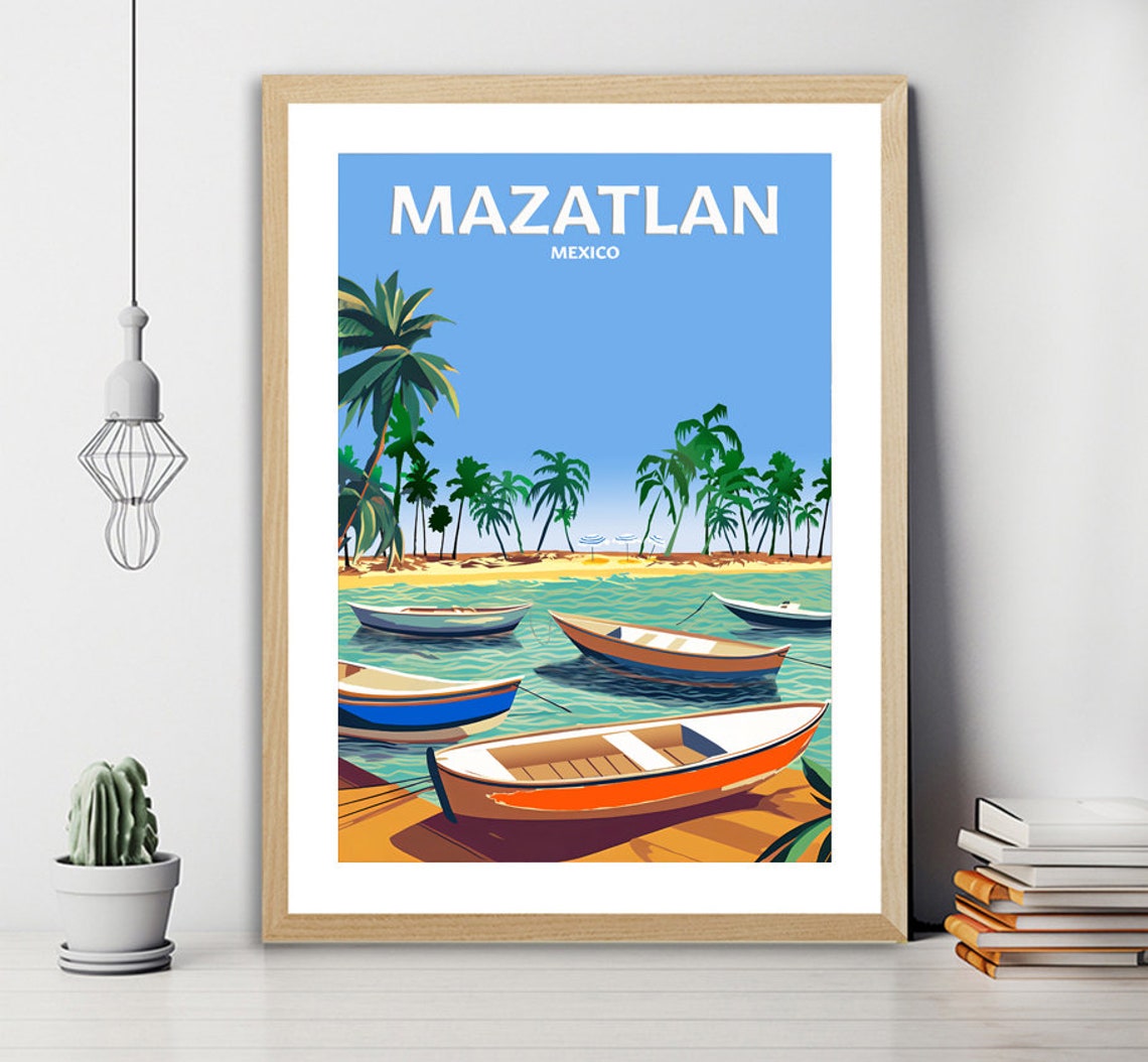 Mazatlan Mexico Fishing Boats Palm Shore Vintage Beach Travel Poster - Image 2