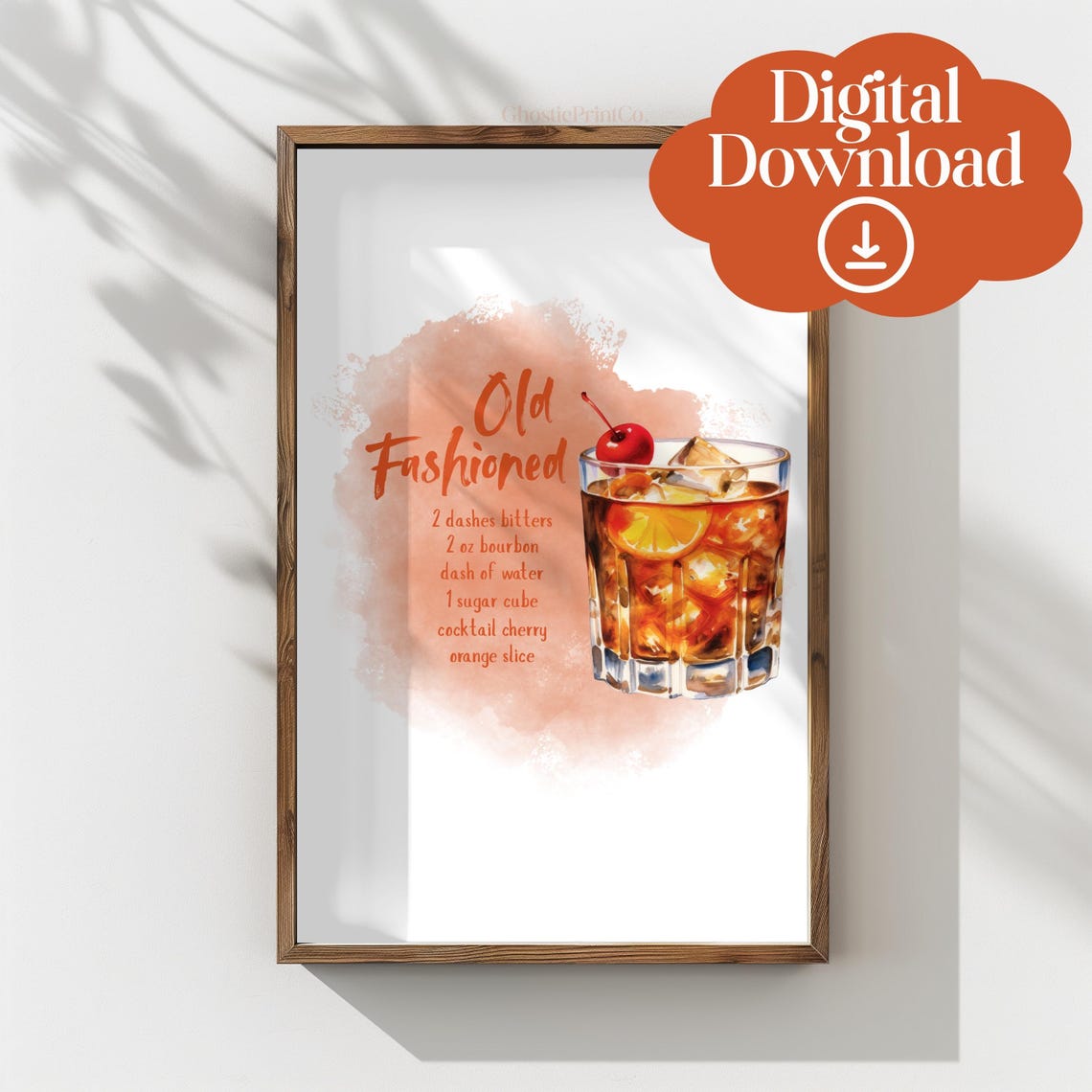 Old Fashioned Cocktail Recipe Watercolor Bourbon Drink Home Bar Poster